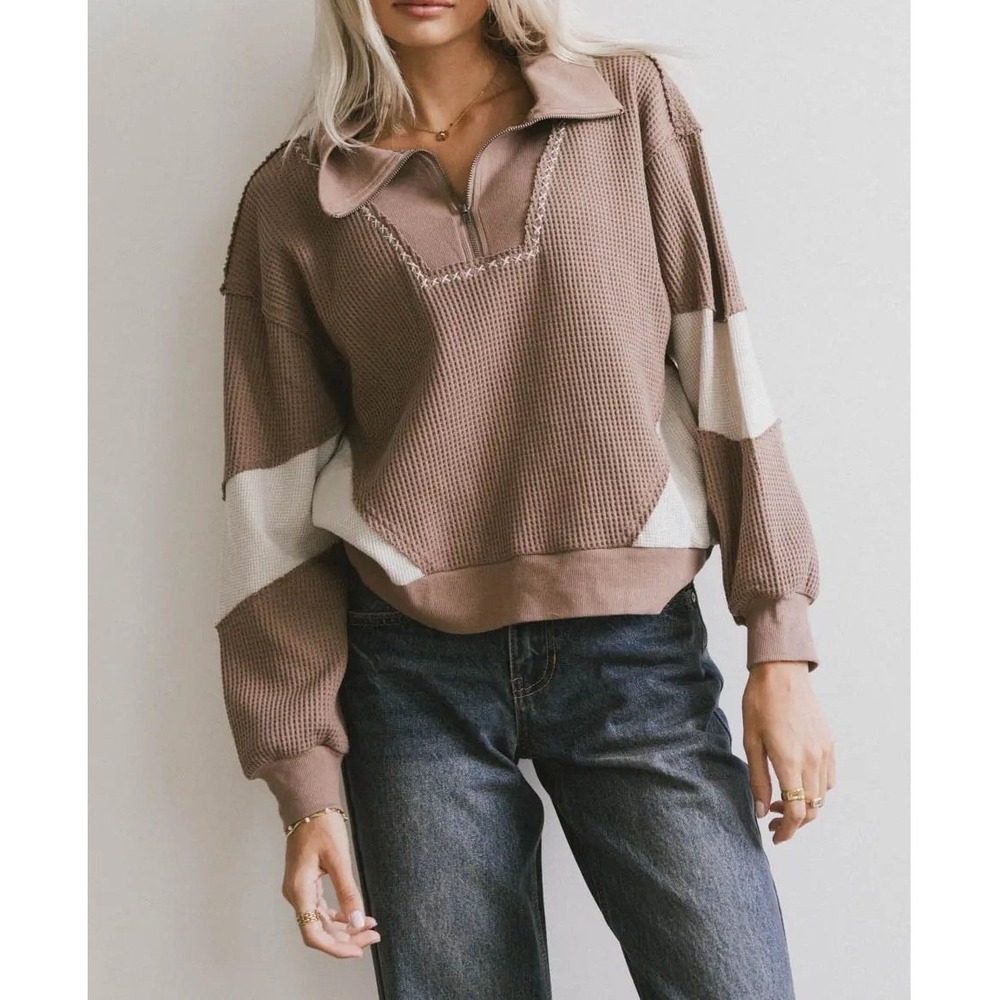 Bohme Harbor Knit Quarter Zip Waffle Knit Top Brown Womens Medium